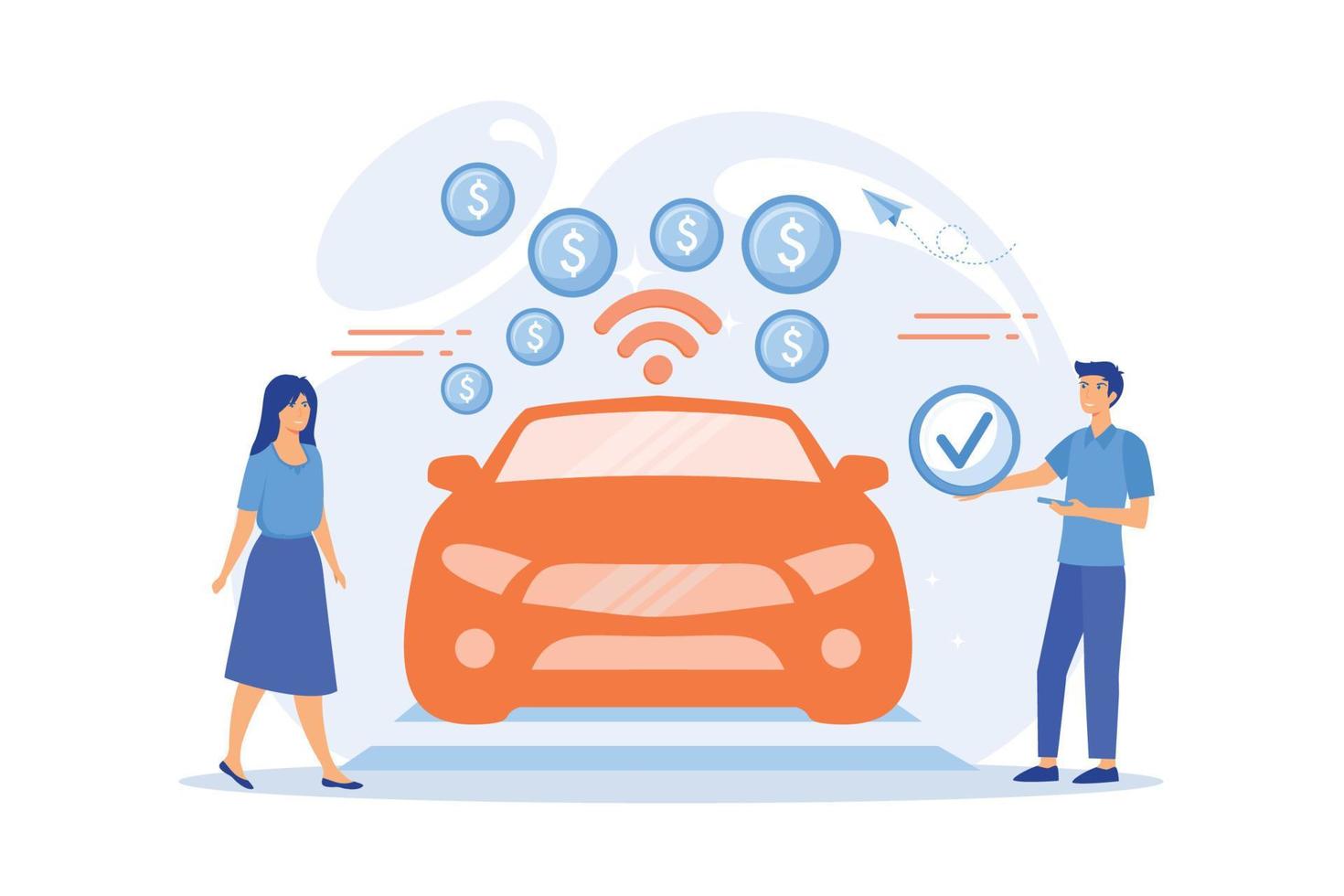 Business people paying in vehicle equiped with in-car payment system. In vehicle payments, in-car payment technology, modern retail services concept. flat vector modern illustration