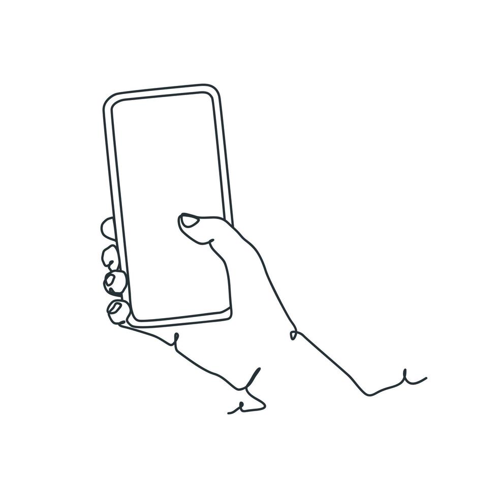 continuous line drawing of person holding smartphone vector