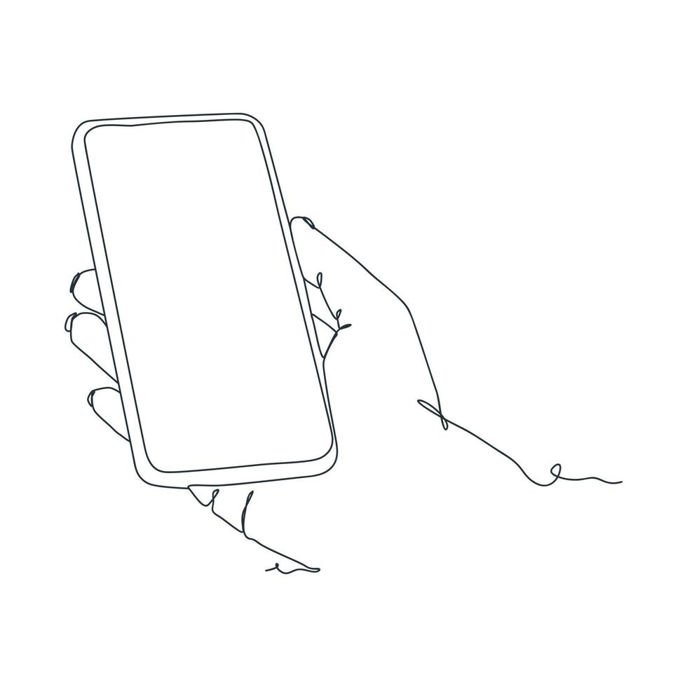 continuous line drawing of person holding smartphone vector