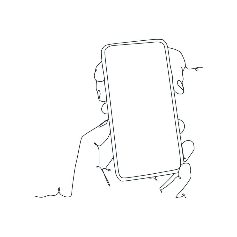 continuous line drawing of person holding smartphone, hand holding smartphone vector