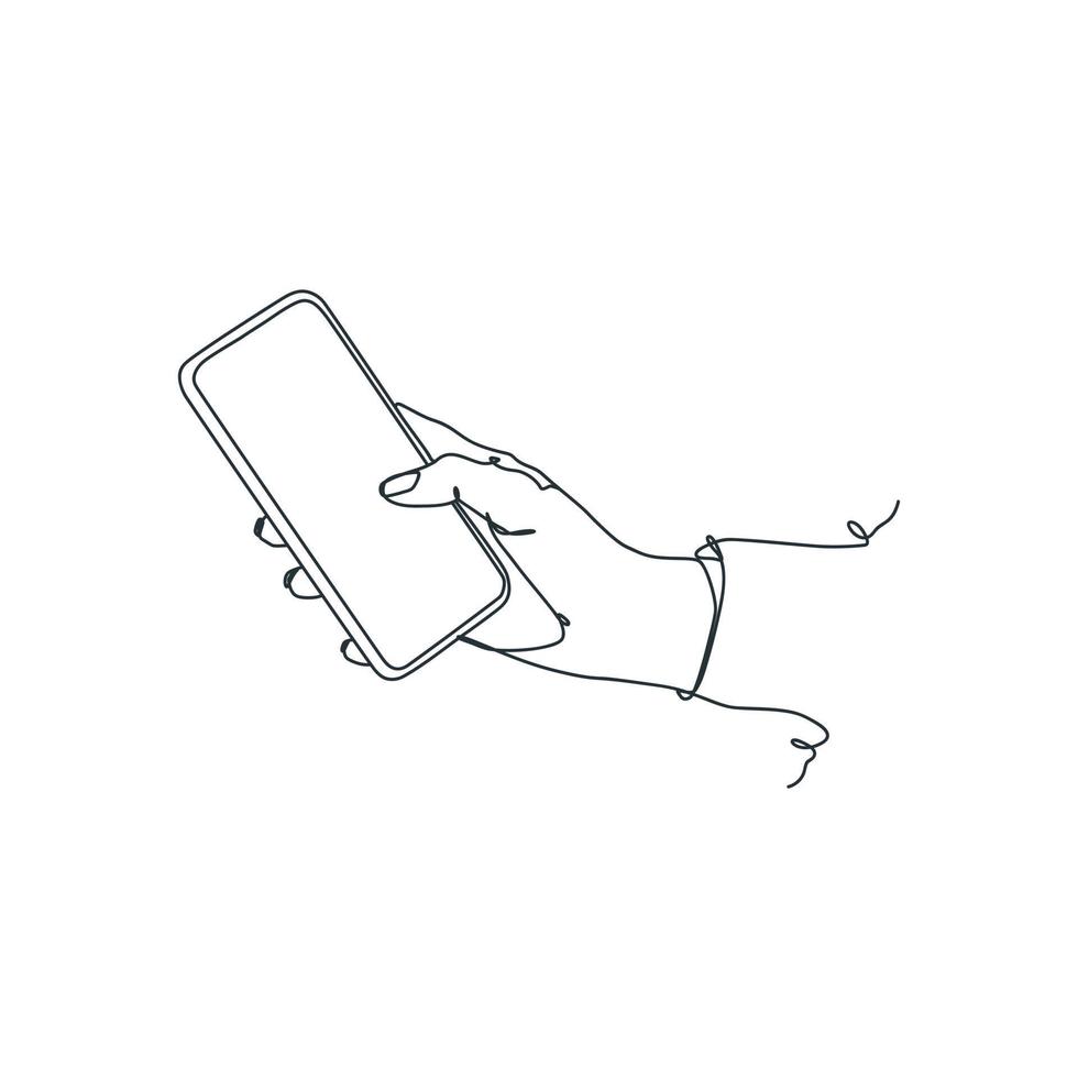 continuous line drawing of person holding smartphone, hand holding smartphone vector