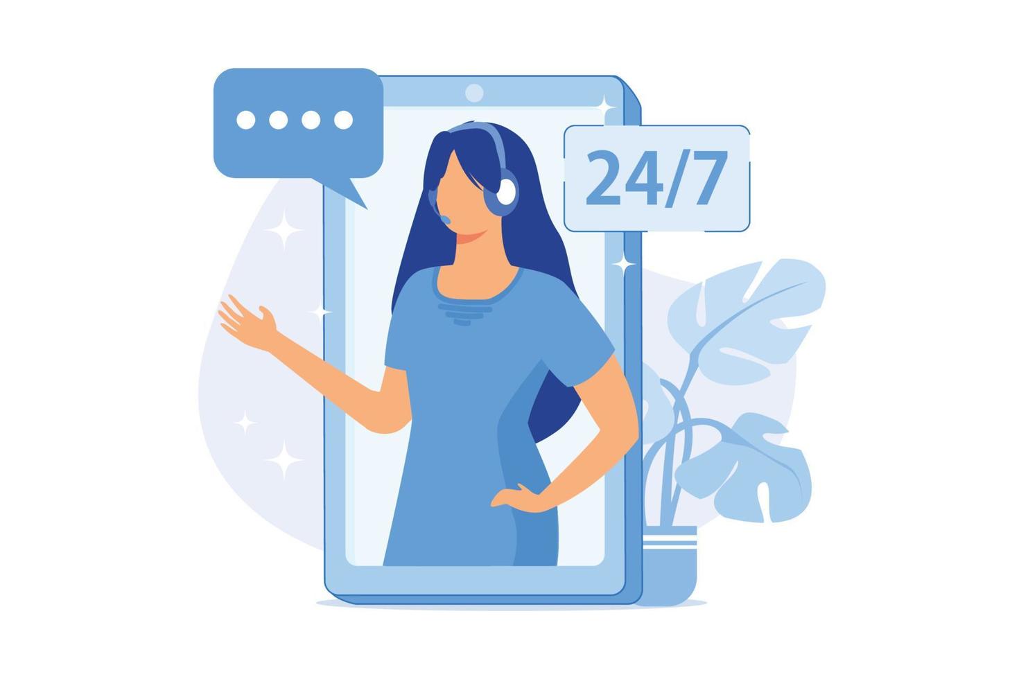 Emergency helpline service. Call centre operator, telemarketing agent, mobile assistant. Teleservices company representative cartoon character. vector