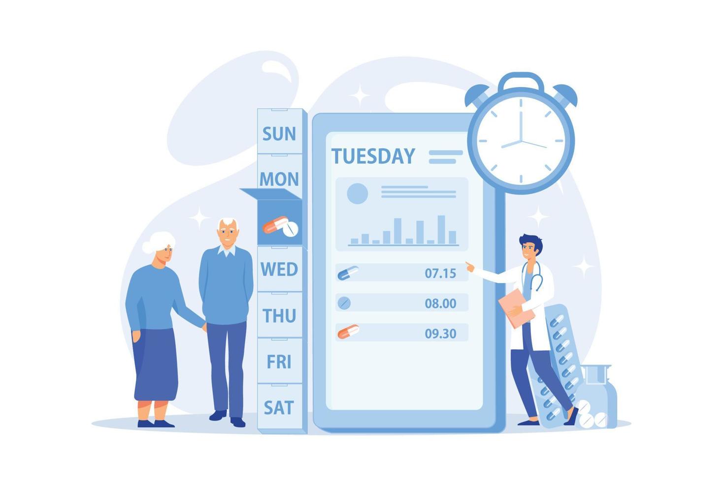Smart, digital perscribed pill, remedy boxes. app controlled medication, medication minding device, set medication schedule concept. vector