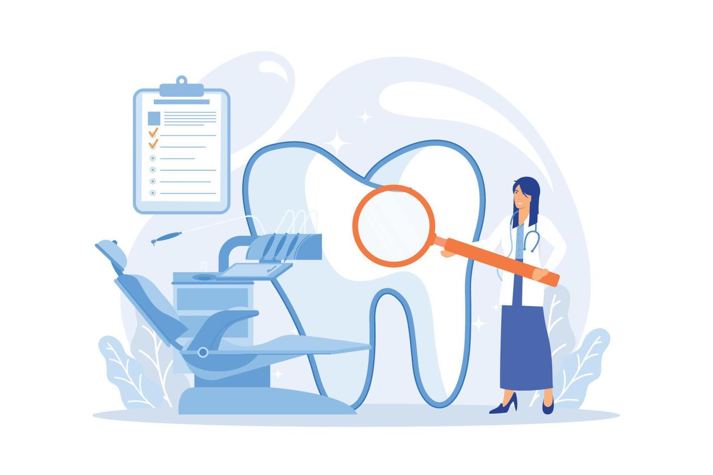 Dentist with magnifier on ladder examining huge patient tooth and dental chair. Private dentistry, dental service, private dental clinic concept. flat vector modern illustration