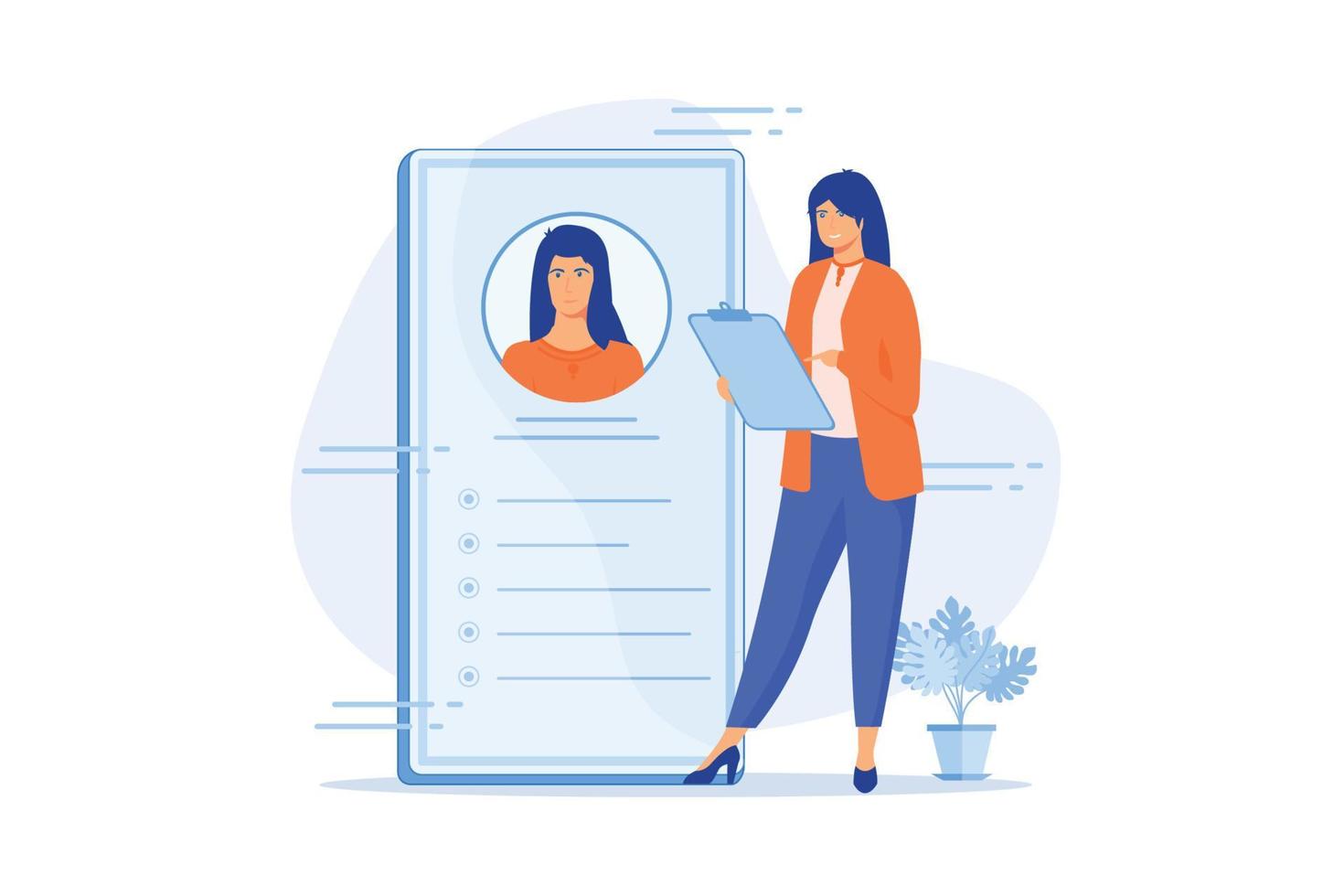 Human resource management. Job analysis, sourcing, screening and selection. Female cartoon character reading job applications and CV of candidatees. flat vector illustration