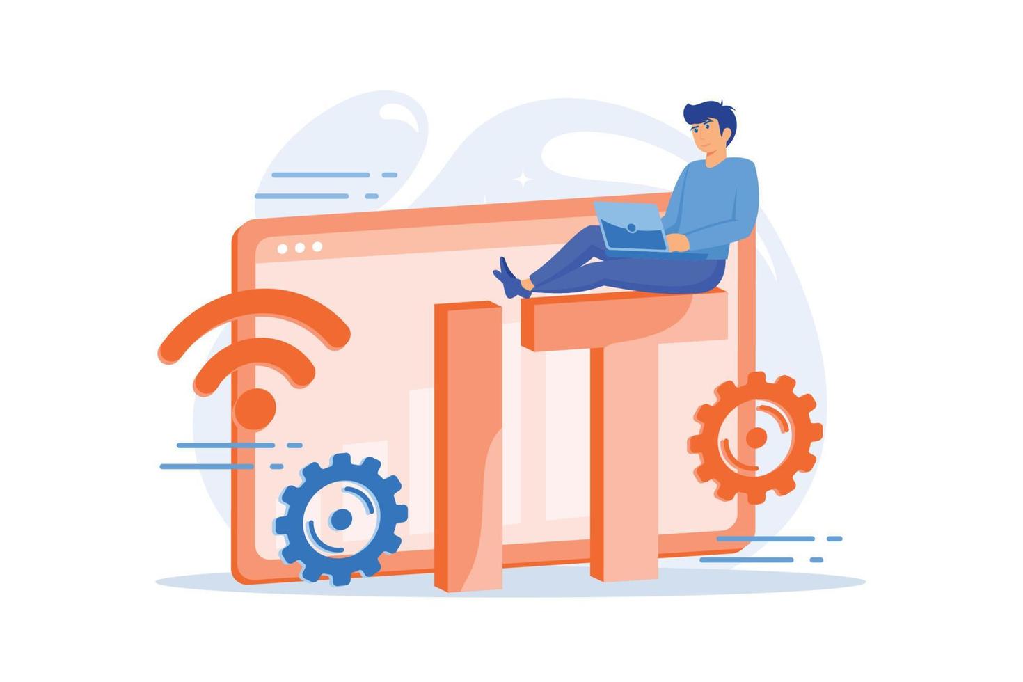 Internet of things, IOT. Appliances control automation, futuristic online technology, digital innovation. Network user with laptop cartoon character.flat vector modern illustration