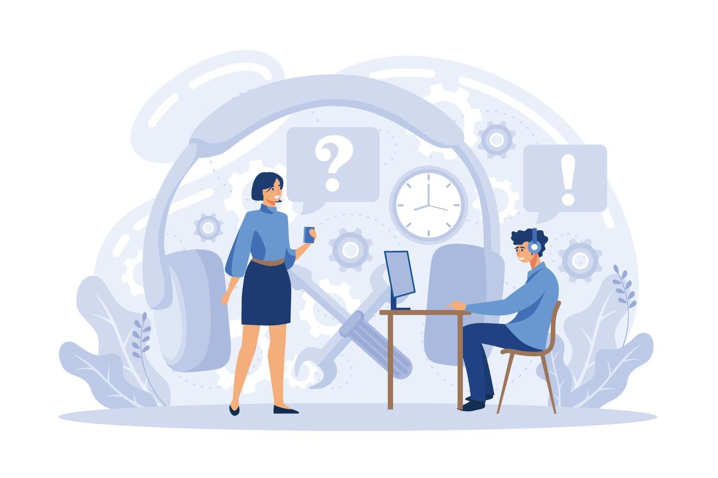 Customer support call center. Personal assistant service, person advisor hotline and helpful advice service. Support creative metaphors. Social media network services, online supporter agents vector