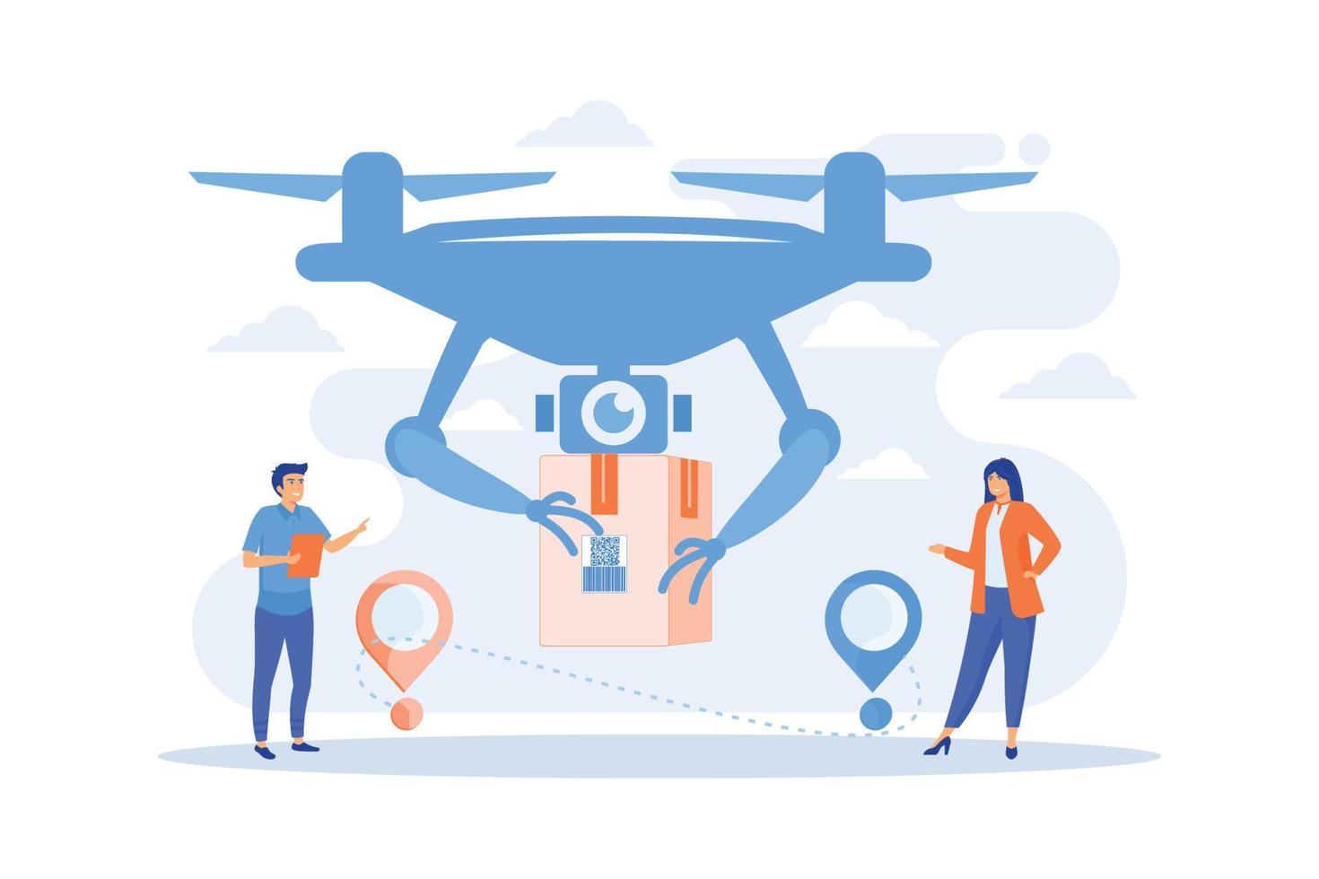 Drone transporting package to location pins with business people waiting for it. Drone delivery, commercial drone, drones business trend concept. flat vector modern illustration