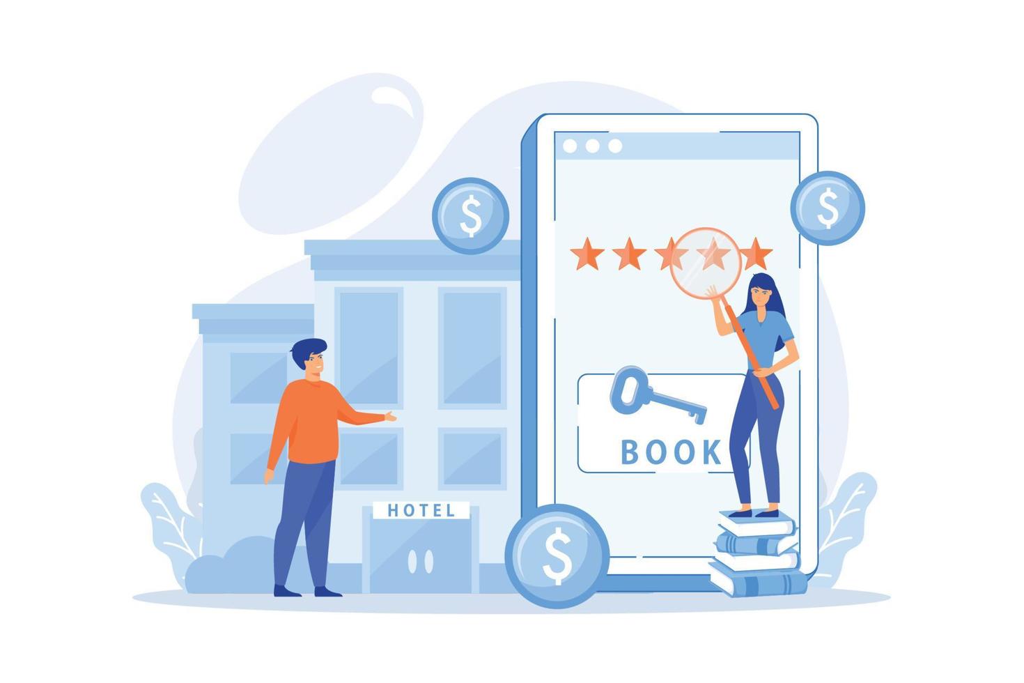 Booking accommodation mobile application. Website for ordering guestrooms, finding hostels location. Hotel room reservation concept. flat vector modern illustration