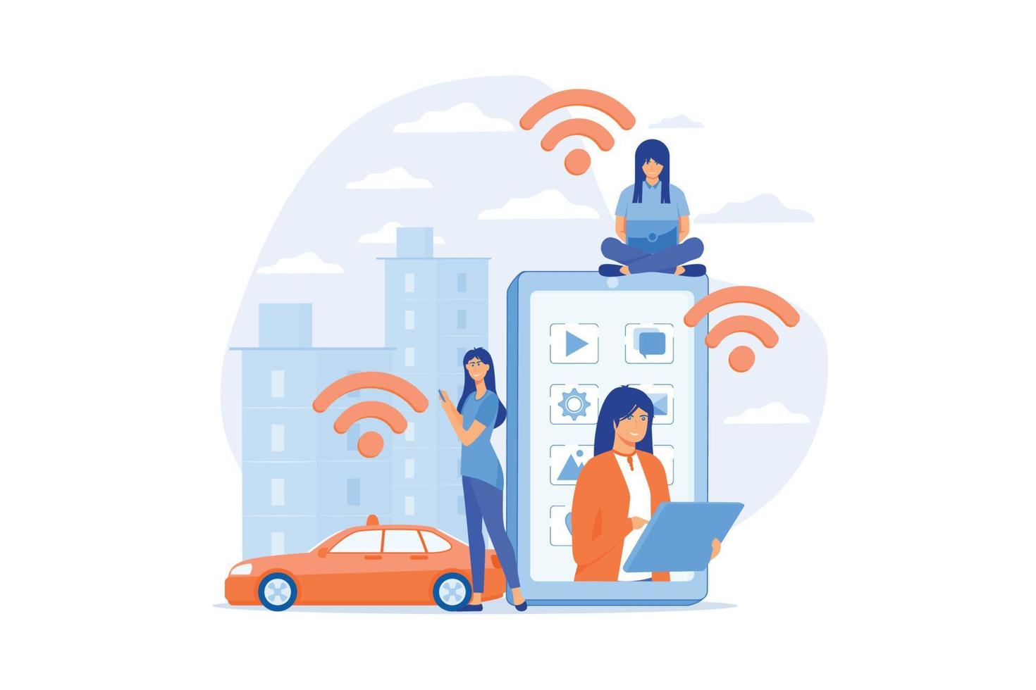 People using different electronic devices such as smartphone, laptop, tablet. Radio fields, electromagnetic pollution, radiation abstract concept. flat vector modern illustration