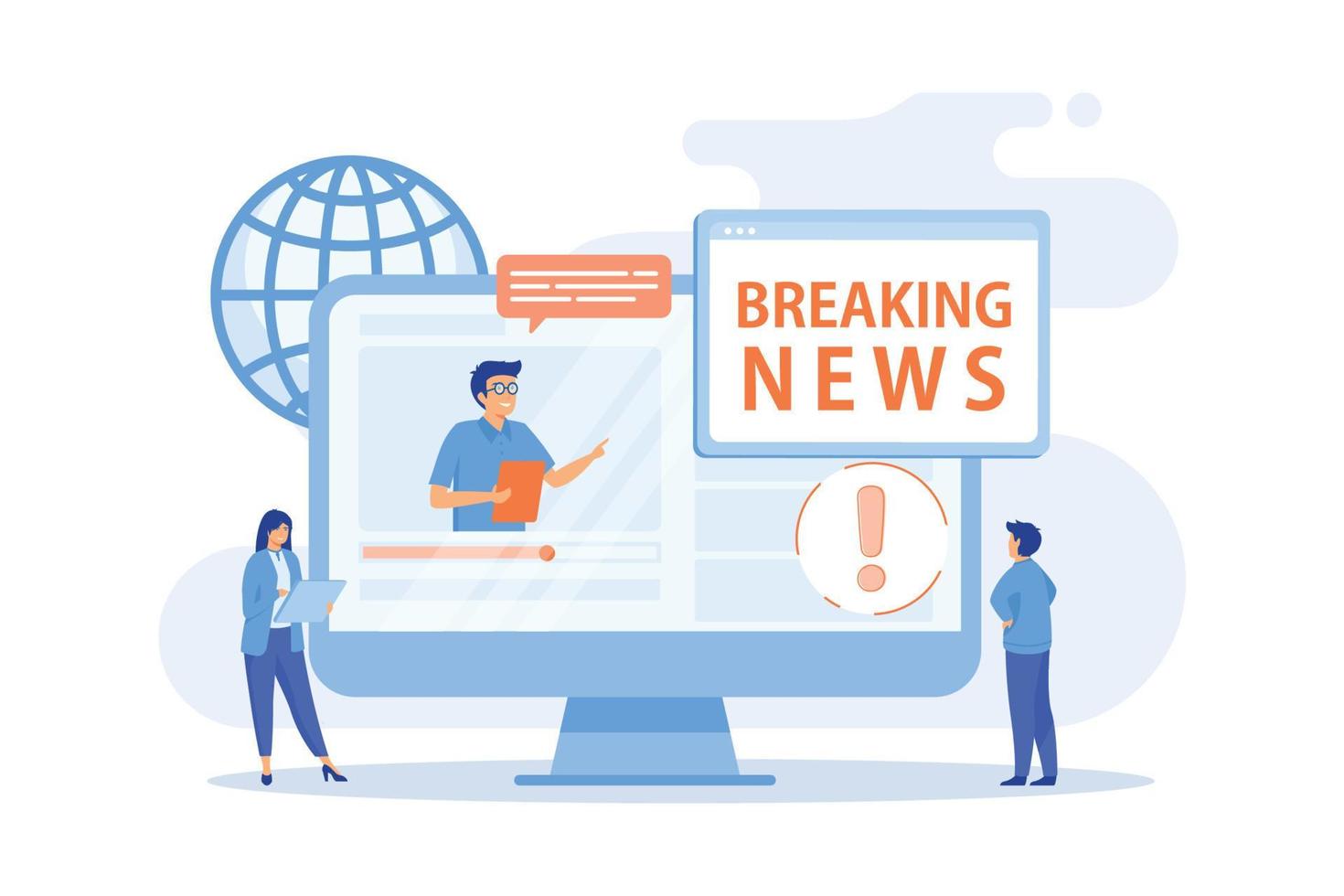 Press, mass media, broadcasting studio. Journalists, reporters characters. Hot online information, breaking news, headline news content concept.  flat vector modern illustration