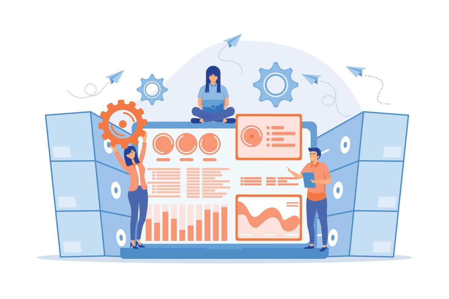 Laptop with data visualization software and developers working. Big data visualization, big data analytics, visualization software concept. vector