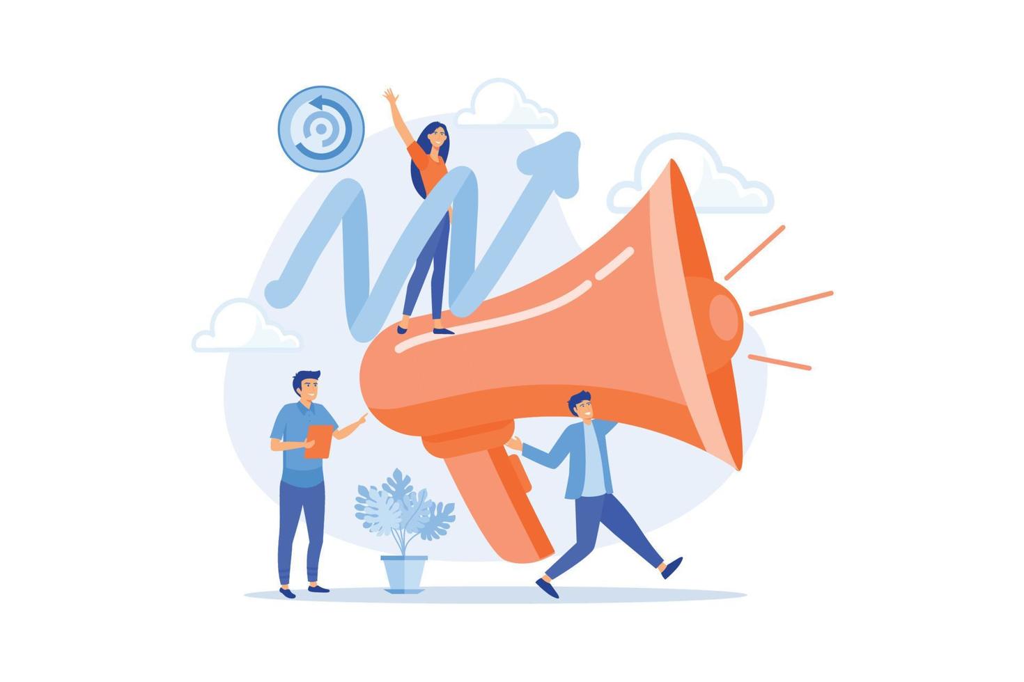 Marketing strategy planning flat vector illustration. Promotional campaign, advertisement notification, commercial research concept. Marketer creating ads.