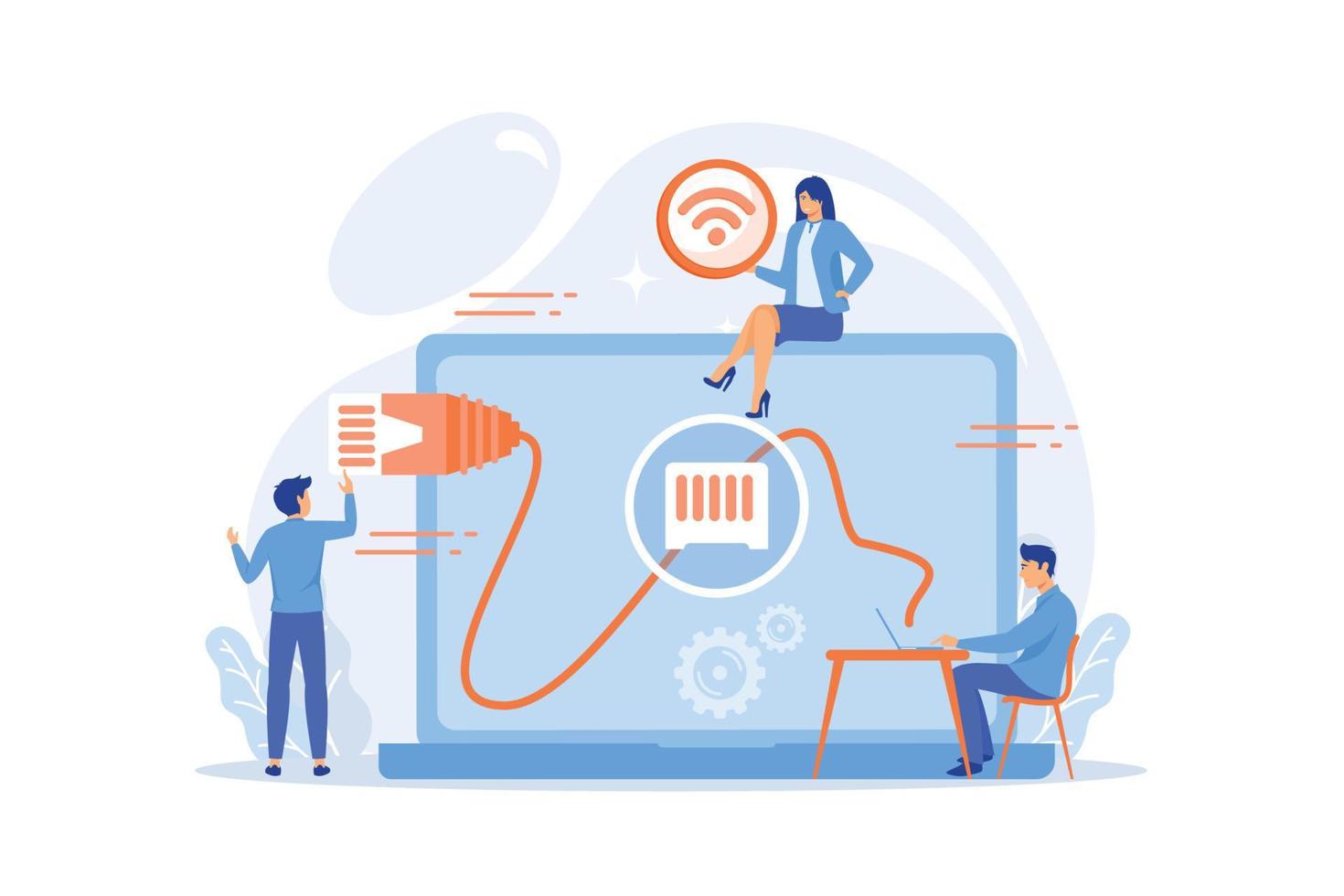 hombre de negocios en la mesa usando una computadora portátil con conexión ethernet. conexión ethernet, tecnología de conexión lan, concepto de sistema de red ethernet. ilustración moderna de vector plano