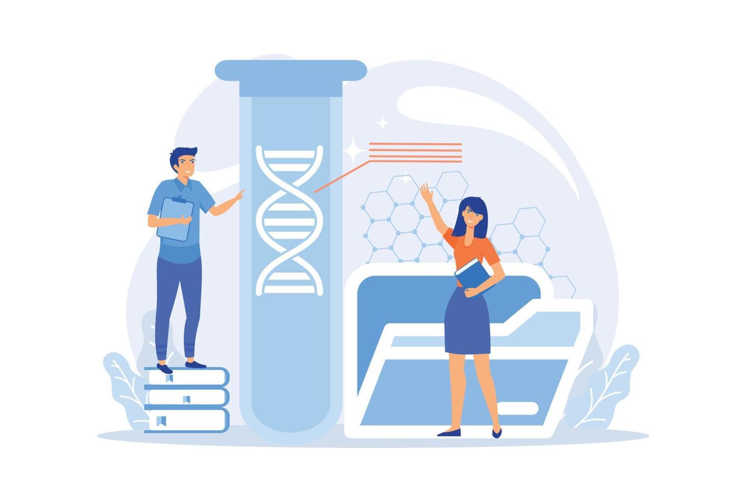 Scientists with folder and clipboard working with huge DNA in test tube. Genetic testing, DNA testing, genetic diagnosis concept on white background. vector