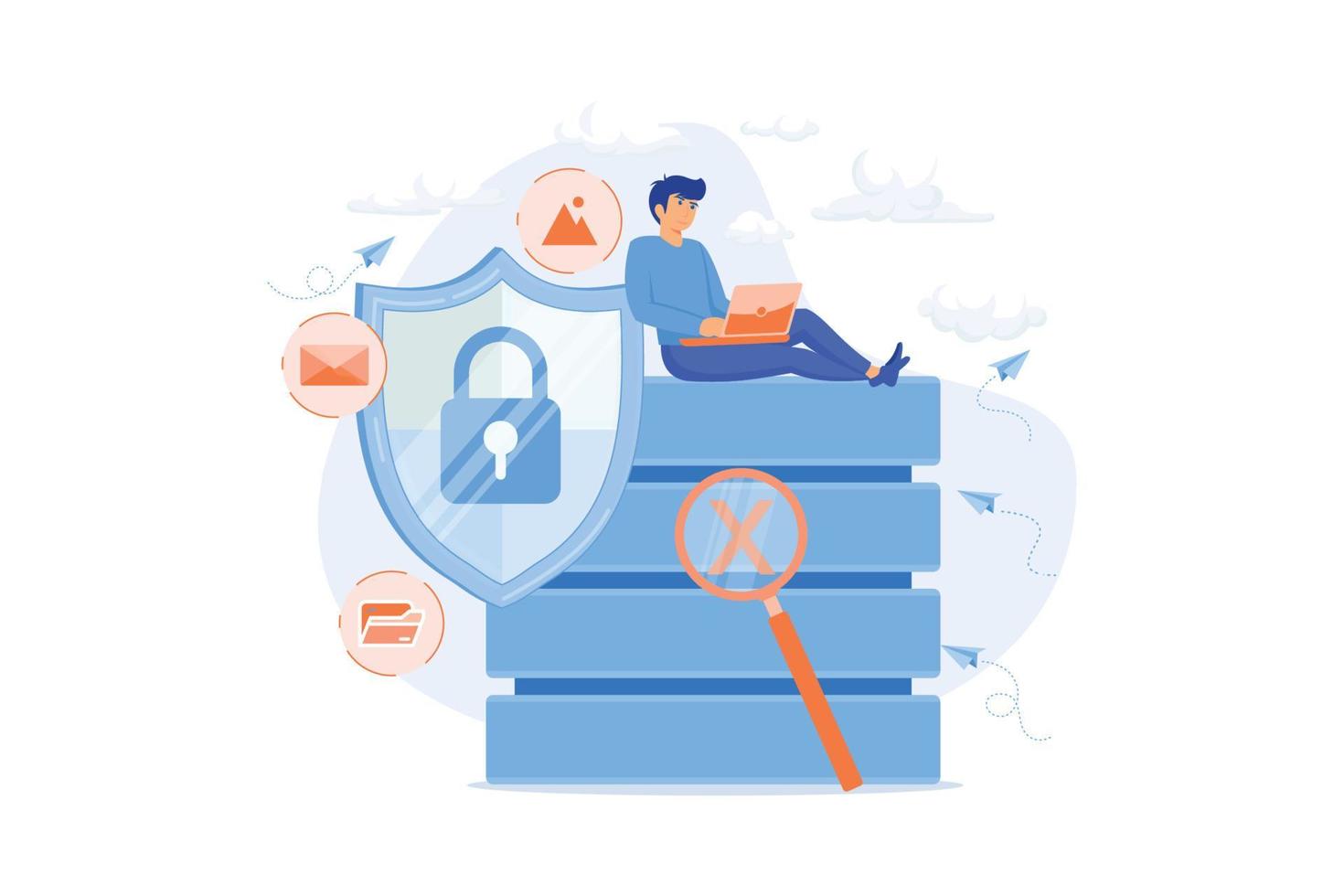 escudo de protección con candado, lupa y usuarios que trabajan con datos protegidos. seguridad en Internet, privacidad y protección de datos, concepto de trabajo seguro. ilustración moderna de vector plano