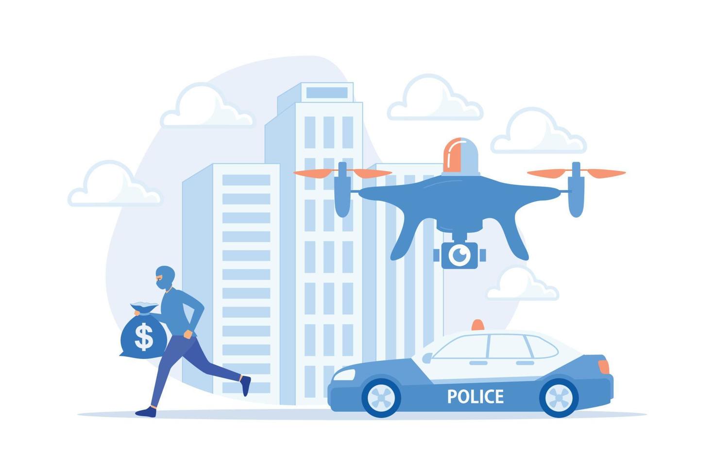 coche de policía y ladrón de seguimiento de drones enmascarados con dinero y escena del crimen. drones policiales, uso de drones policiales, concepto de herramientas iot de ciudad inteligente. ilustración moderna de vector plano