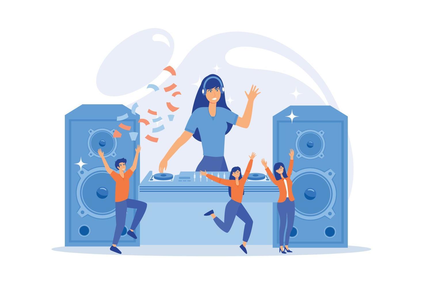 Disco party. People dancing in club and having fun. Nightclub, nightlife, discoteque, clubbing. Female DJ cartoon character. Music concert. vector