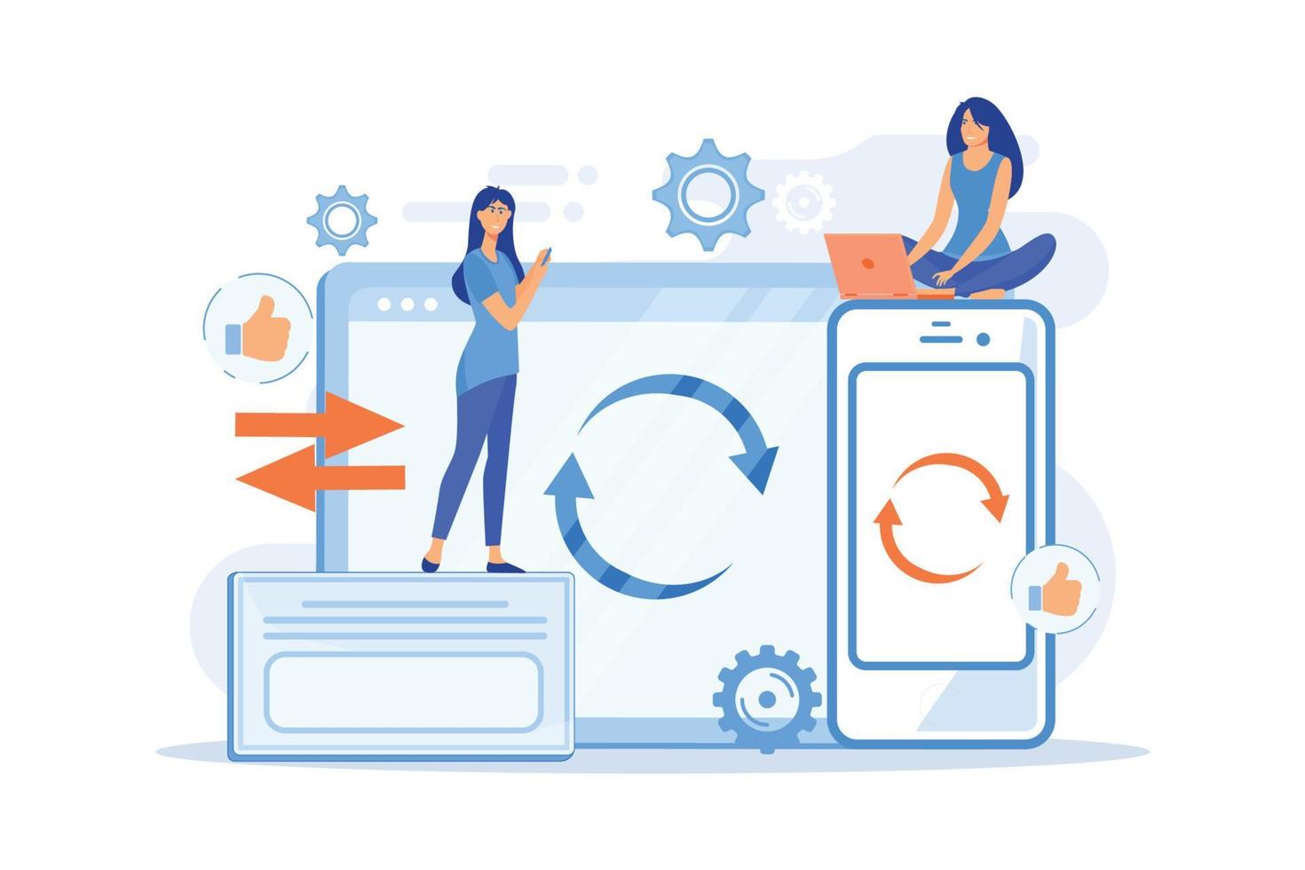 User with laptop and smartphone synchronizing. Cross-device syncing, cross-device synchronization and operation concept on white background.  flat vector modern illustration