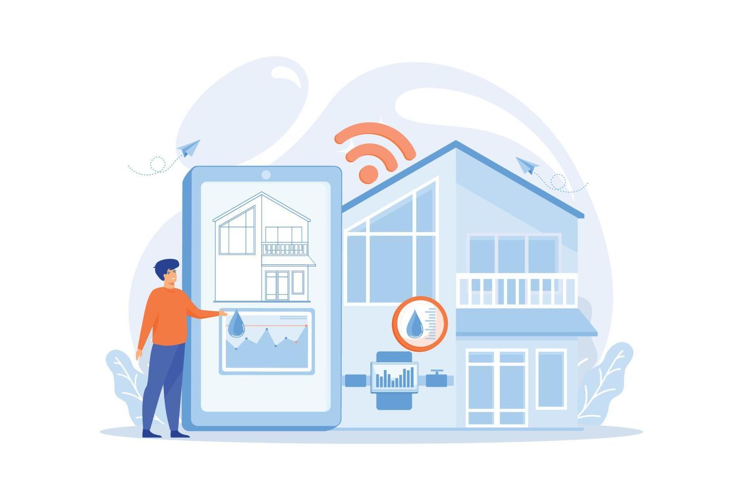 hogar inteligente, sistema de detección de contaminación de agua de automatización de la casa, seguimiento de anomalías de agua en tiempo real, concepto de sensor de agua de hogar inteligente. ilustración moderna de vector plano