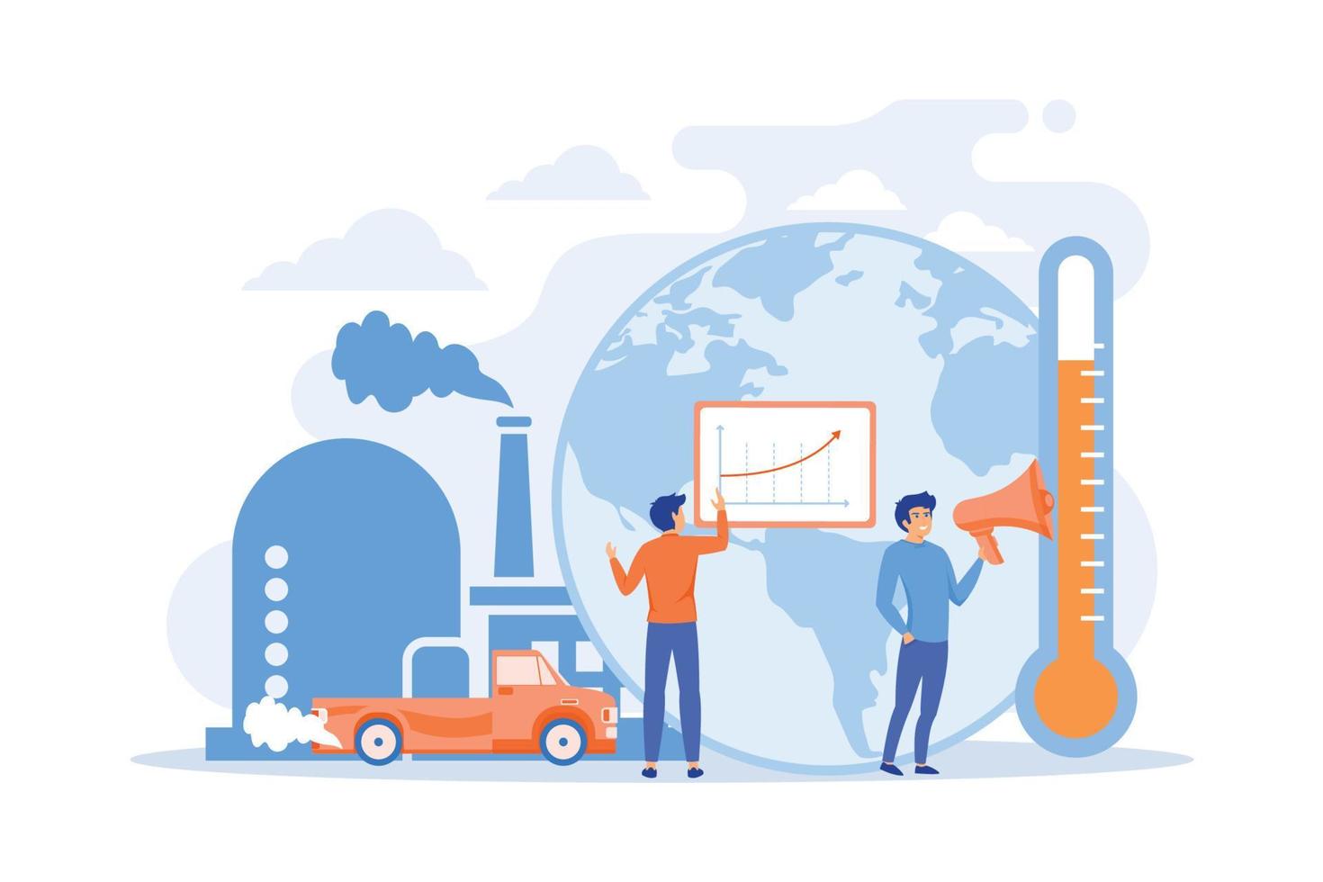 gente en pánico para anunciar datos de calentamiento global. globo con planta de energía y humos de tráfico como símbolo de contaminación ambiental, impacto de calentamiento global. ilustración moderna de vector plano