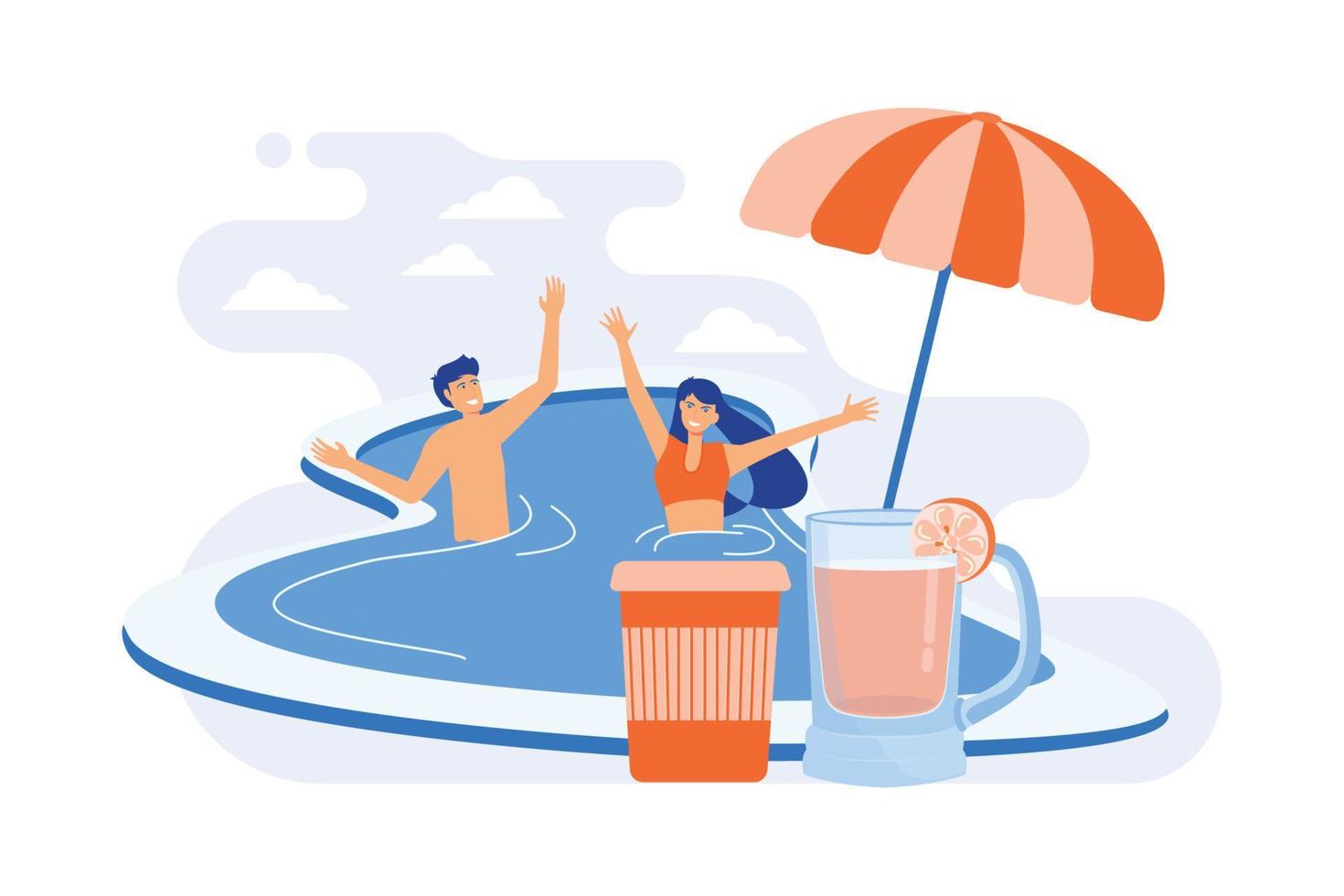 fiesta de piscina. un par de personas nadando en la piscina. fiesta de verano en la playa con refrescantes cócteles alcohólicos. trajes de baño, entretenimiento, junto a la piscina. vector