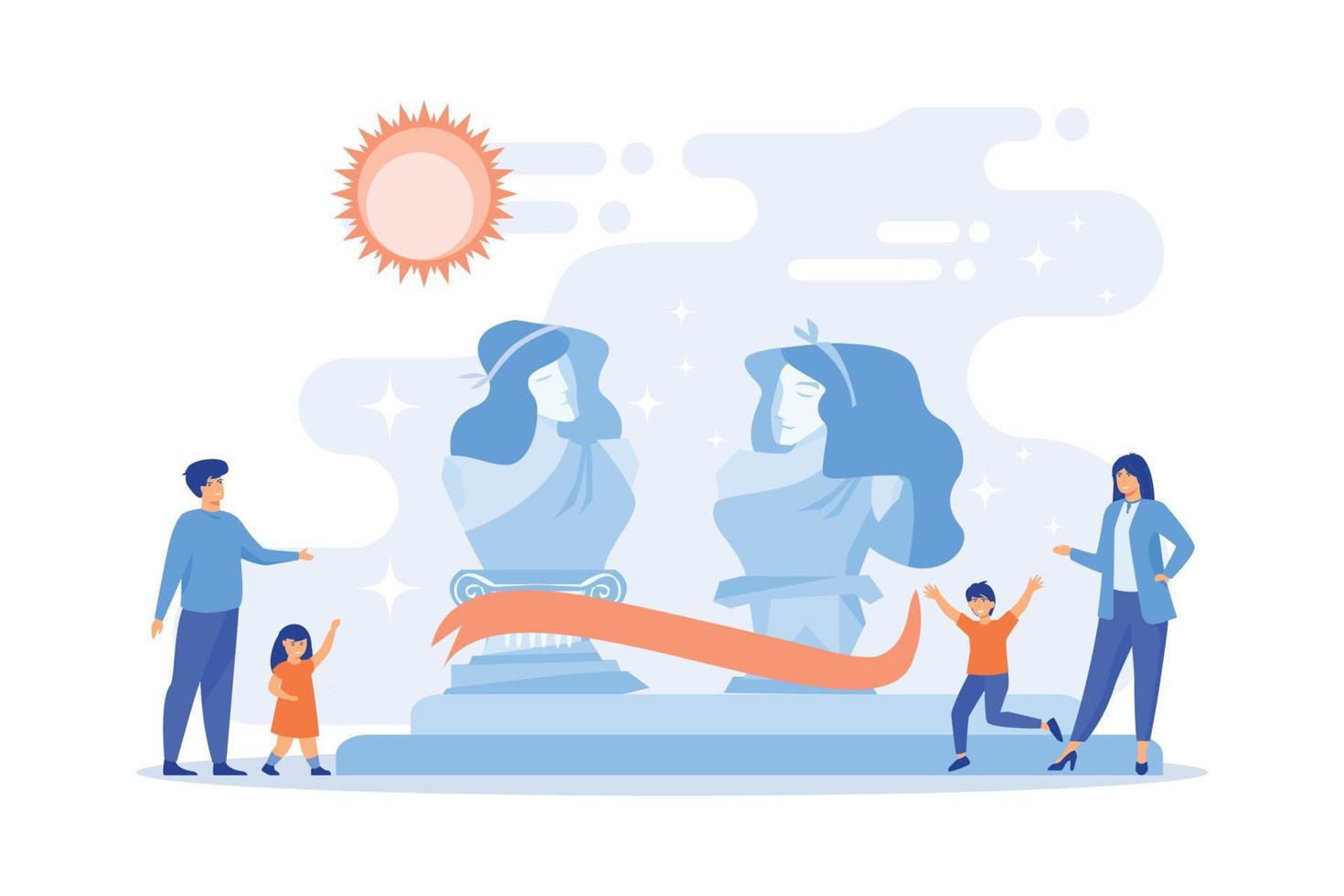 Kids with tutors enjoy acting on theater stage outside, tiny people. Theater camp, summer acting program, young actor courses concept.flat vector modern illustration