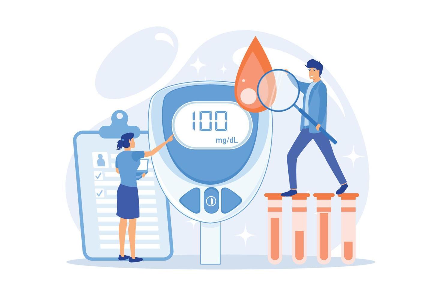 médico con lupa y medidor de glucosa en sangre. diabetes mellitus, diabetes  tipo 2 y concepto de producción de insulina sobre fondo blanco. ilustración  moderna de vector plano 11431871 Vector en Vecteezy