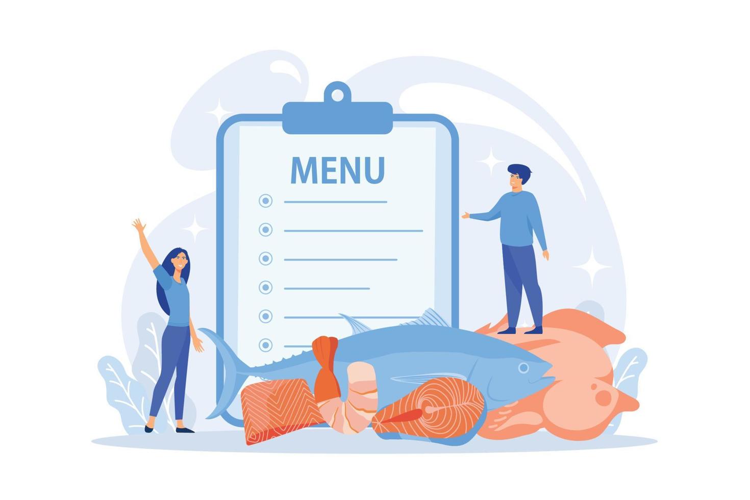 Tiny business people reading menu and sea food products, fish and crab. Seafood menu, seafood nutrition diet, marine products shop concept. flat vector modern illustration