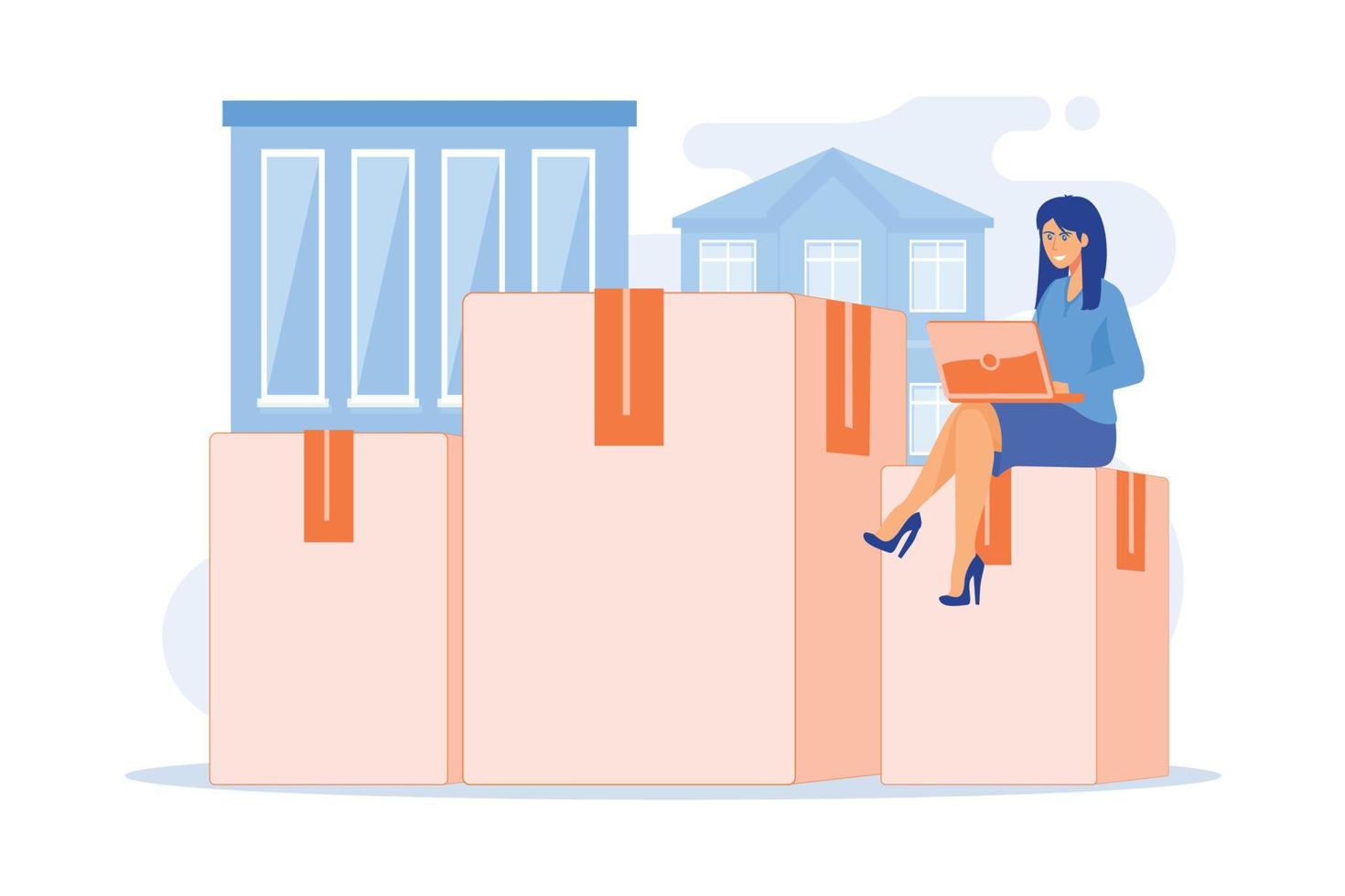 Relocation services. Apartment rent, accommodation leasing, real estate agency website design element. Woman with laptop sitting on cardboard boxes. flat vector modern illustration