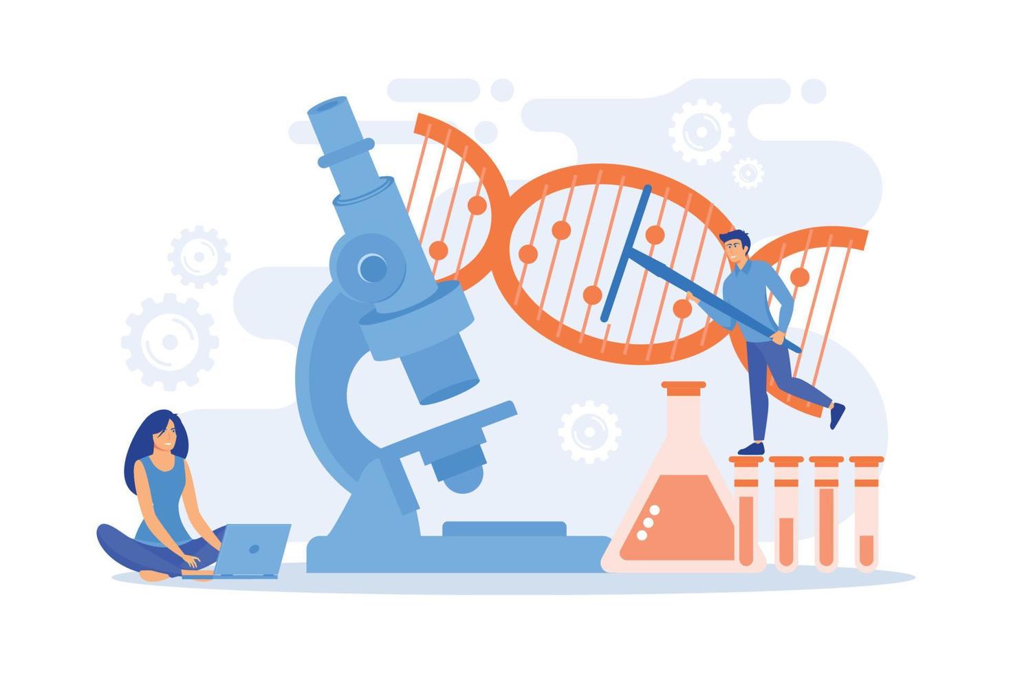 Microscope and scientists changing DNA structure. Genetic engineering, genetic modification and genetic manipulation concept on white background. flat vector modern illustration