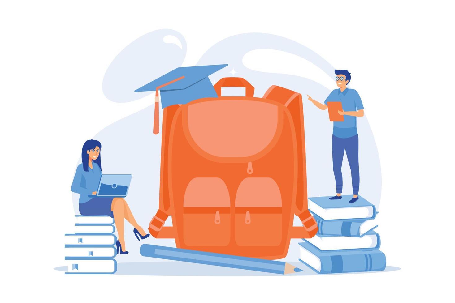Big backpack, teacher speaking and student with laptop. Back to school, first day of school and new academic year, education and classroom concept, violet palette. flat vector modern illustration