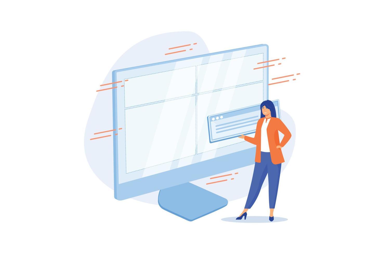 Web design and content creating. Landing page, website, homepage creating design element. Female graphics designer, developer flat character.flat vector modern illustration