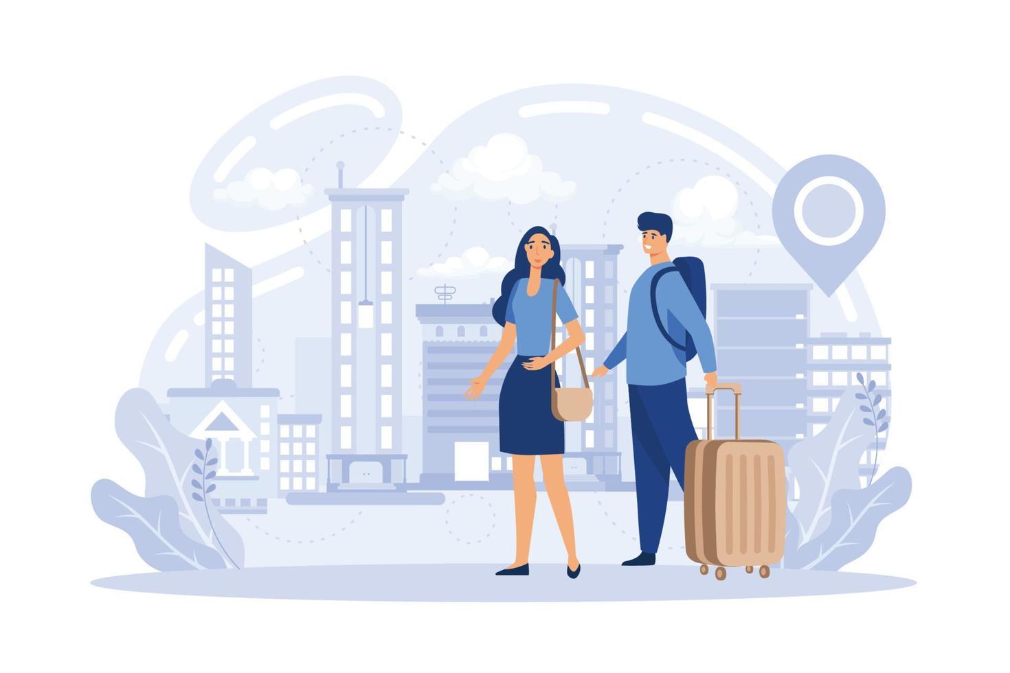 Temporary migration metaphors. Nomad lifestyle, rural and seasonal migration. Holiday vacation tourism. Changing settling place, moving to new location  flat vector modern illustration