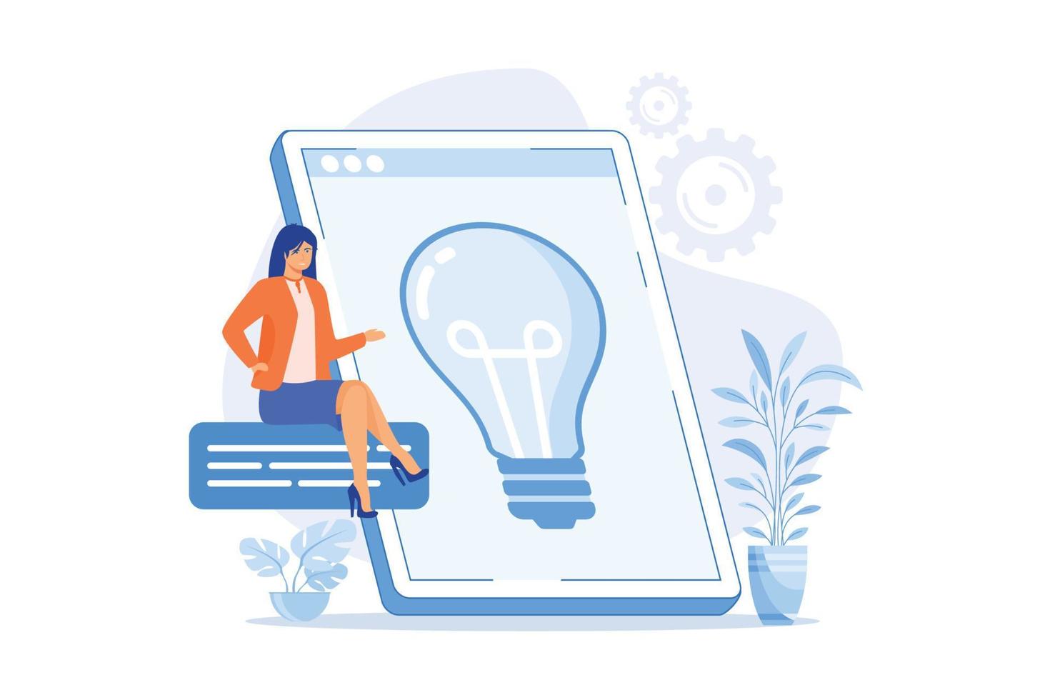 Creative business solution presentation. Profitable startup, idea, company development strategy. Lightbulb on tablet screen. Brainstorming symbol. flat vector modern illustration