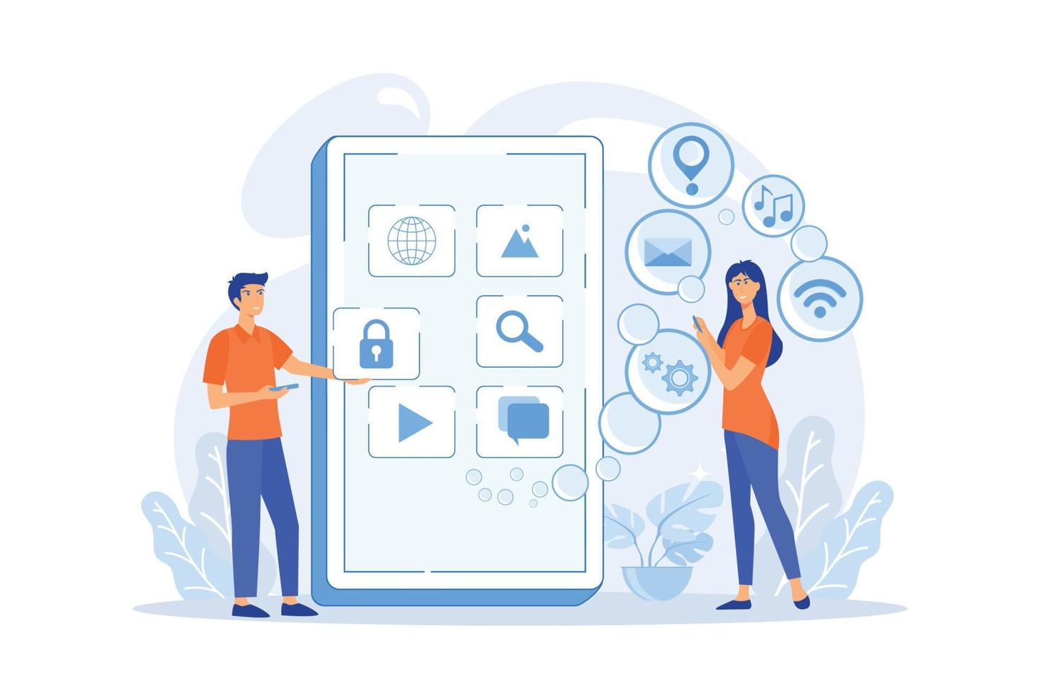 It professionals are creating mobile applications on the smartphone screen. Mobile app development, coding designing for smartphones or tablets concept. flat vector modern illustration