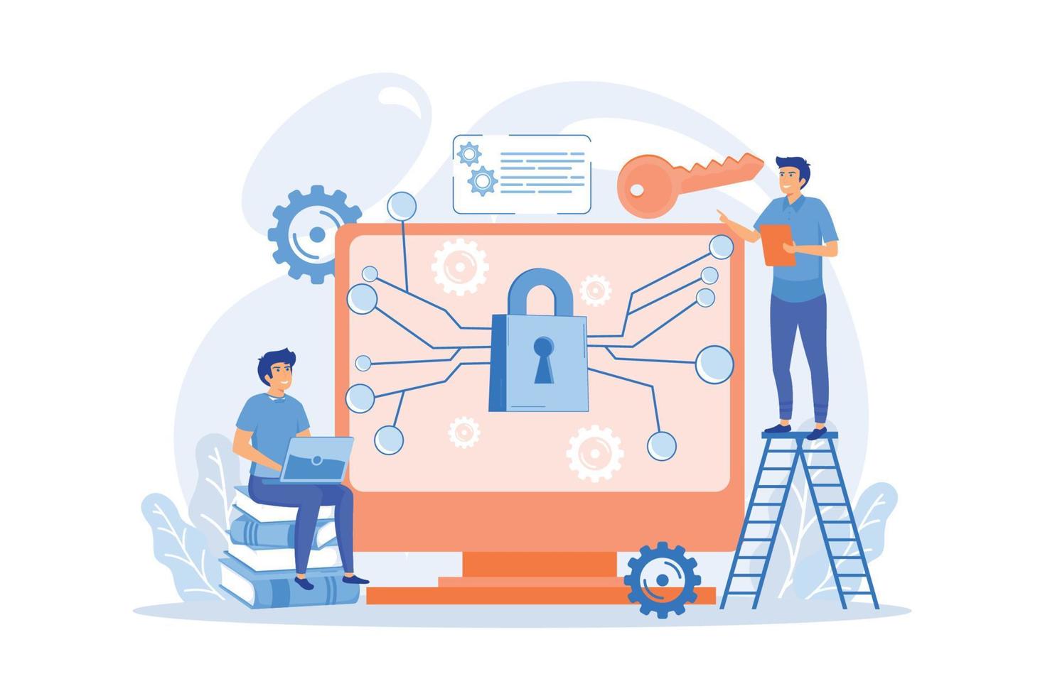 Personal digital security. Defence, protection from hackers, scammers. Data breaches, data leakage prevention, encryption for databases concept.  flat vector modern illustration