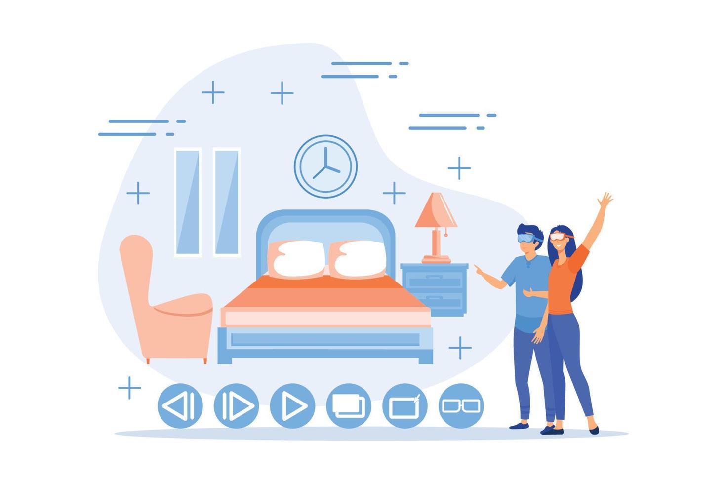 Couple in VR glasses. Property virtual reality simulation. Real estate virtual tour, VR virtual house tour, virtual tours creating services concept. flat vector modern illustration
