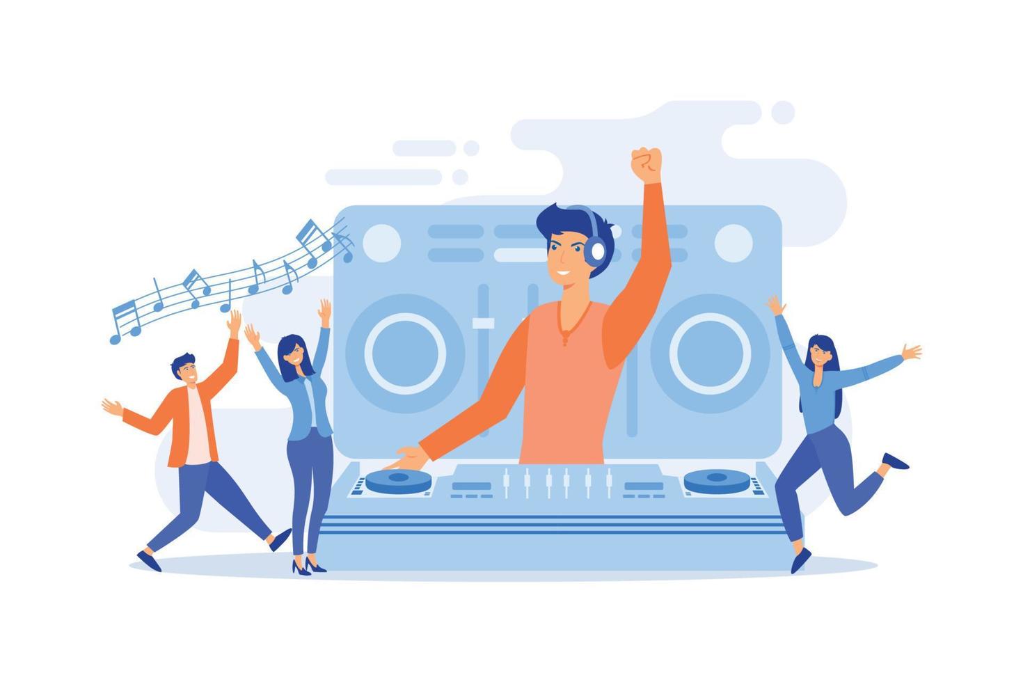 dj con auriculares en el tocadiscos tocando música y gente diminuta bailando en la fiesta. música electrónica, set de música dj, concepto de cursos escolares de djing. ilustración moderna de vector plano