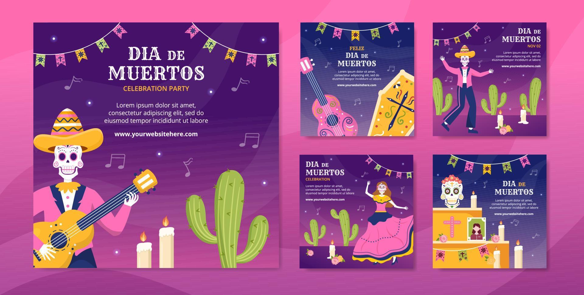 dia de los muertos o plantilla de publicación de redes sociales del día de los muertos ilustración de dibujos animados dibujados a mano vector