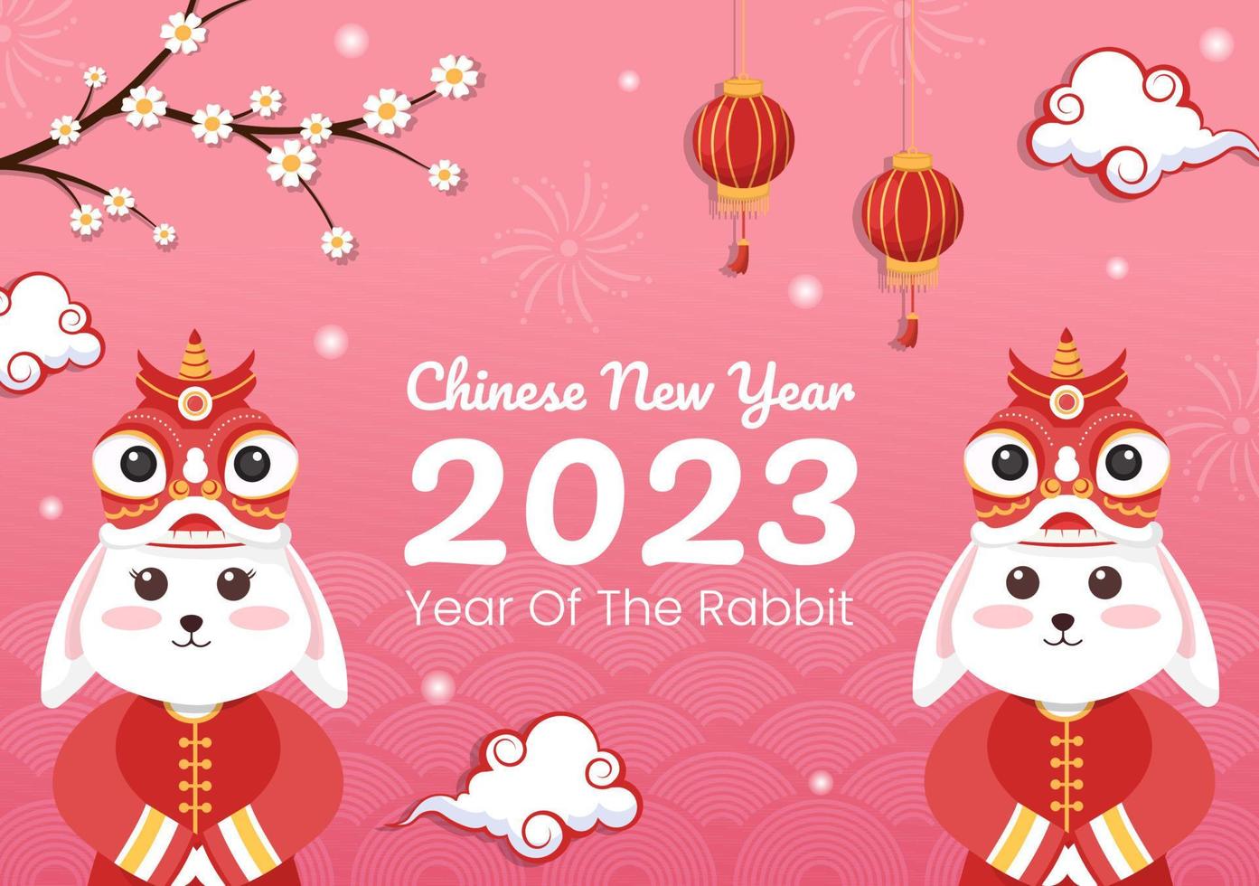 año nuevo lunar chino 2023 día del conejo plantilla de signo del zodiaco dibujado a mano ilustración plana de dibujos animados con flor, linterna y fondo de color rojo vector