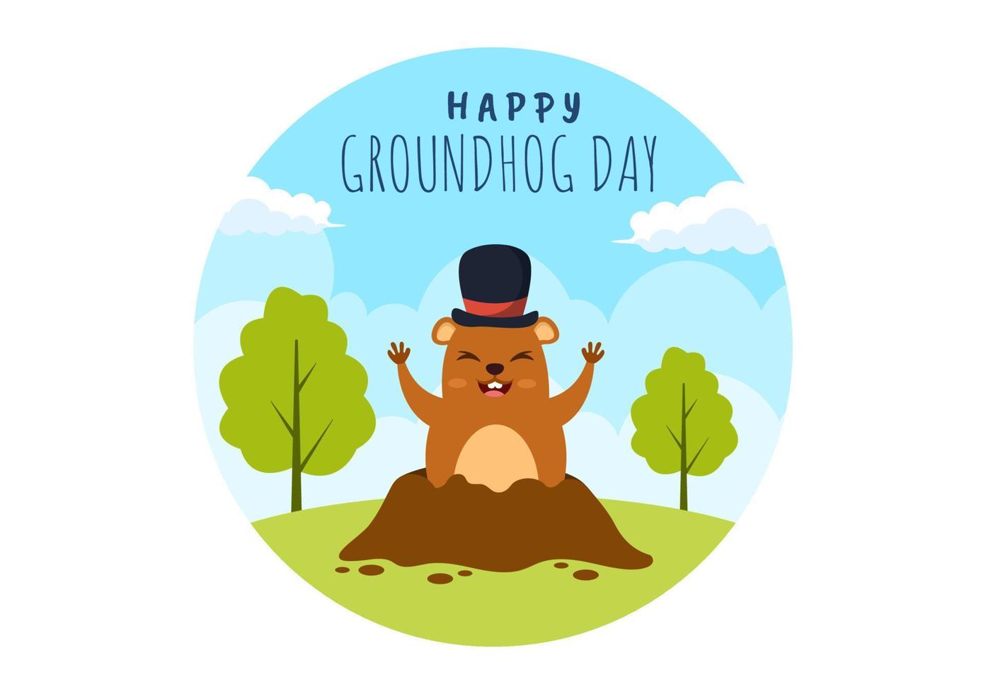 feliz día de la marmota el 2 de febrero con lindo personaje de marmota y plantilla de fondo de jardín ilustración plana de dibujos animados dibujados a mano vector