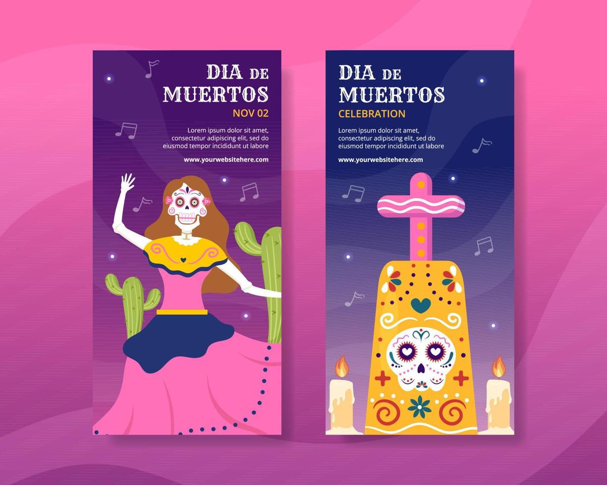 dia de los muertos o dia de los muertos plantilla de banner vertical dibujado a mano ilustración de dibujos animados vector