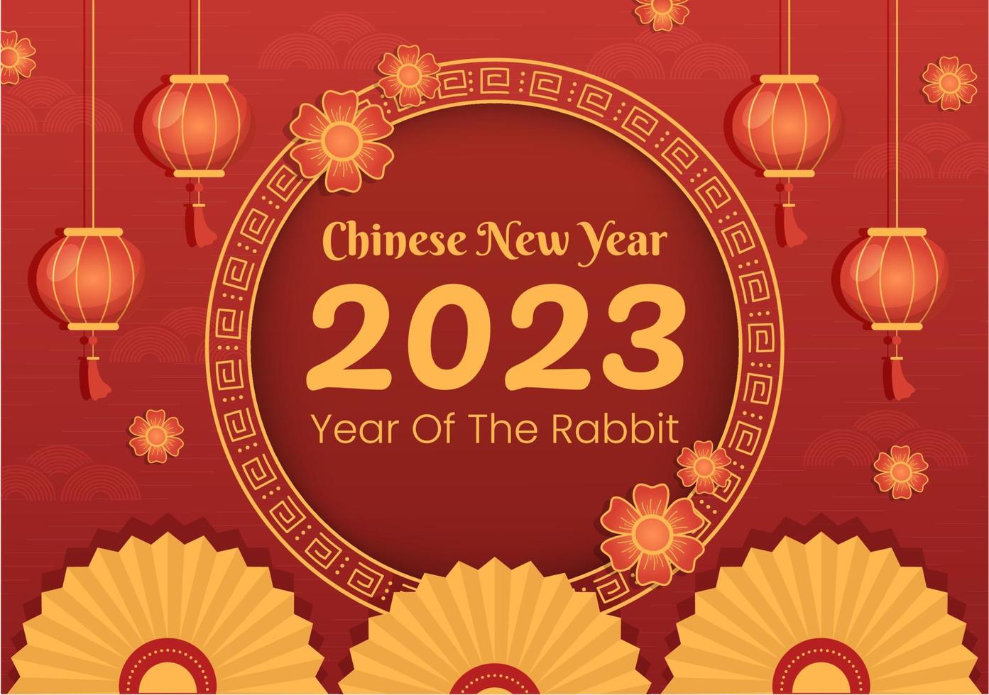 Chinese Lunar New Year 2023 Day of the Rabbit Zodiac Sign Template Hand Drawn Cartoon Flat Illustration with Flower, Lantern and Red Color Background vector
