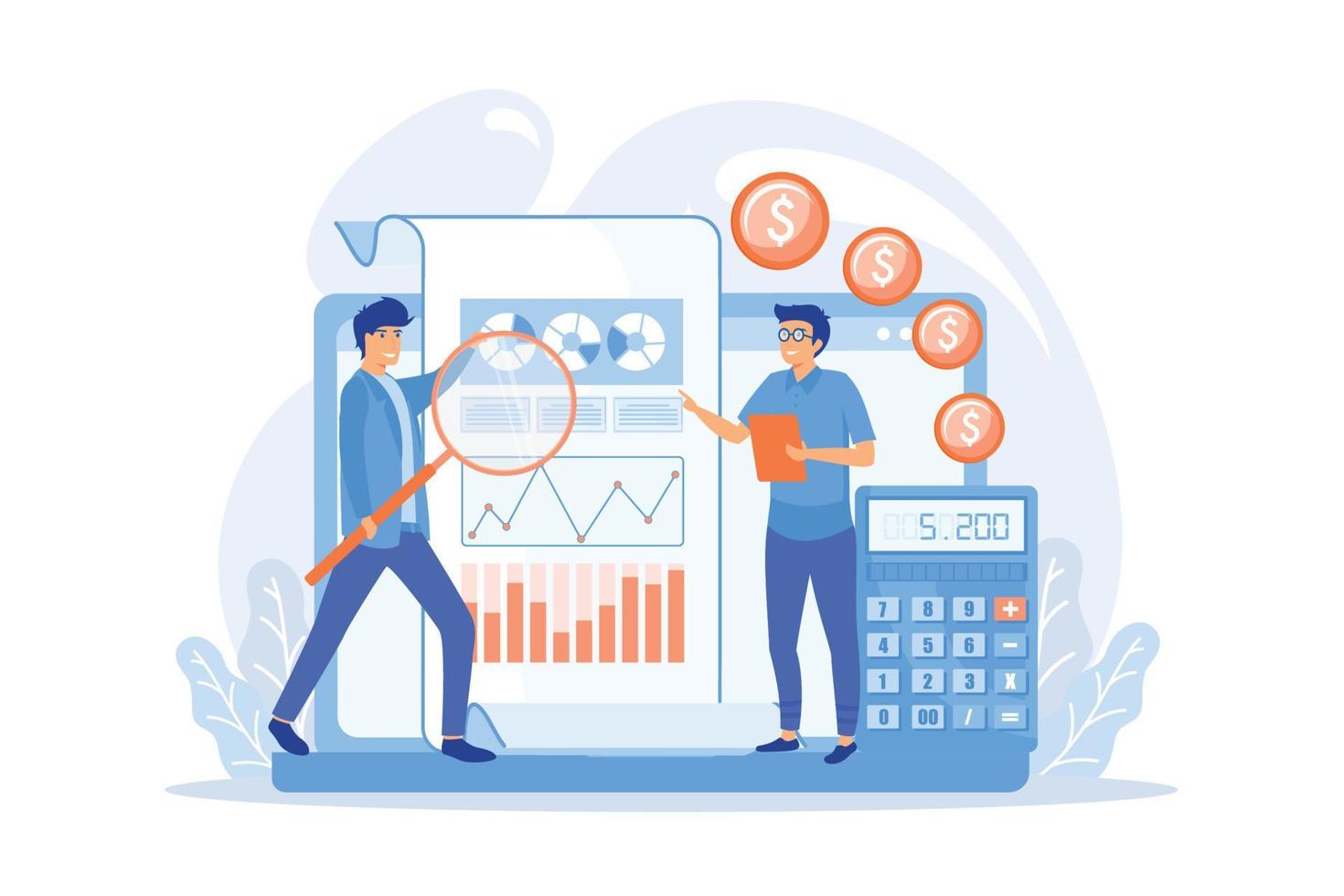 ilustración de vector plano de análisis de negocios. métricas de marketing, análisis de datos, concepto de auditoría financiera. gráficos circulares y diagramas que analizan la ilustración moderna del vector plano