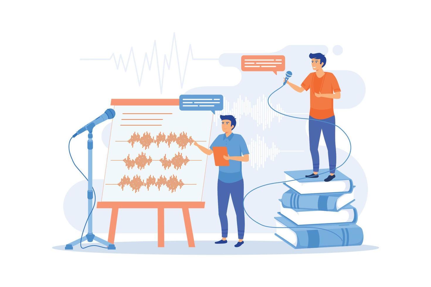 lección de elocución. mejora del habla. estudio de grabación. entrenamiento de voz y habla, técnicas de proyección de voz, mejore su concepto de habilidades habladas. ilustración moderna de vector plano