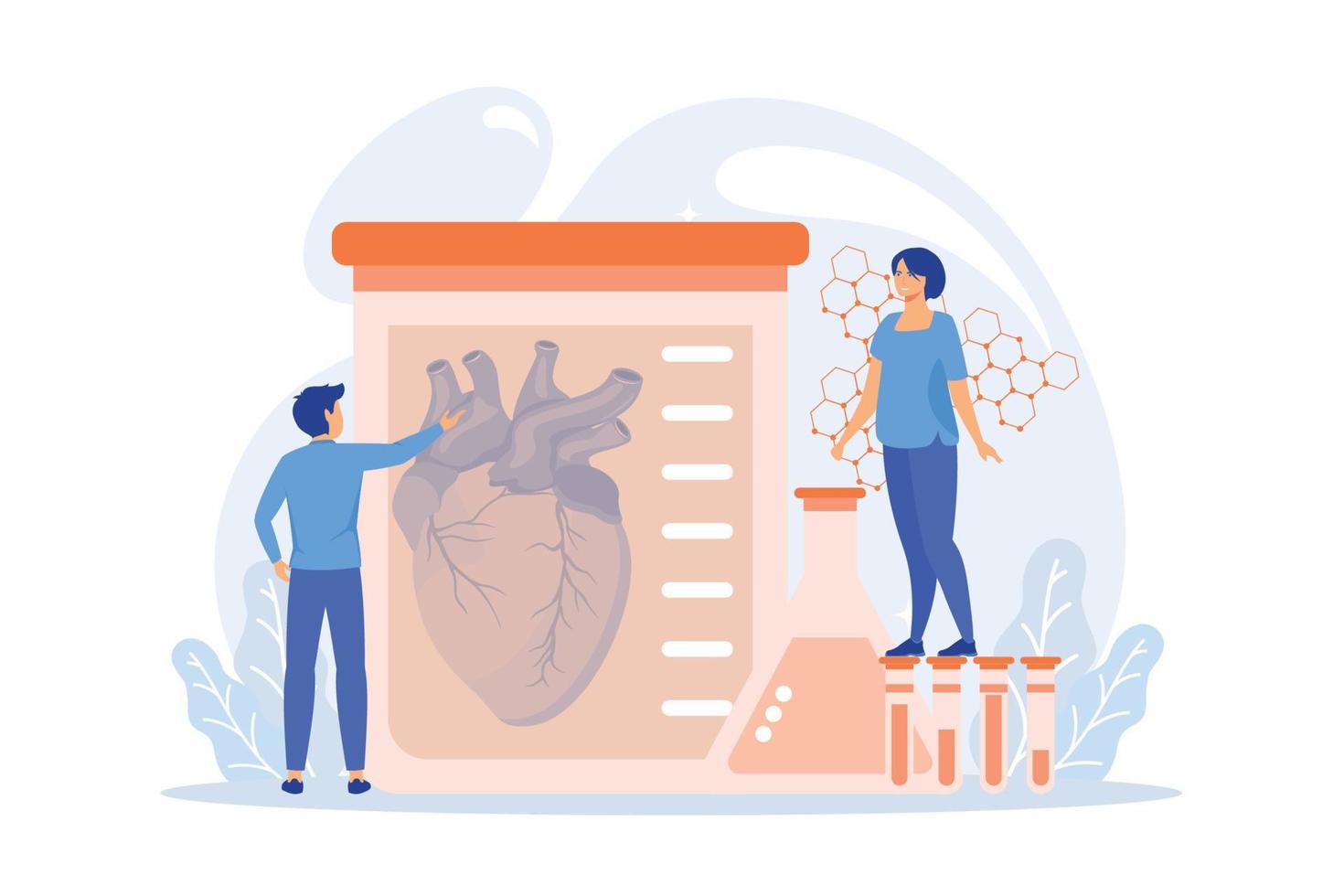 Scientists growing big heart in test tube in laboratory. Lab-grown organs, bioartificial organs and artificial organ concept on white background.  flat vector modern illustration