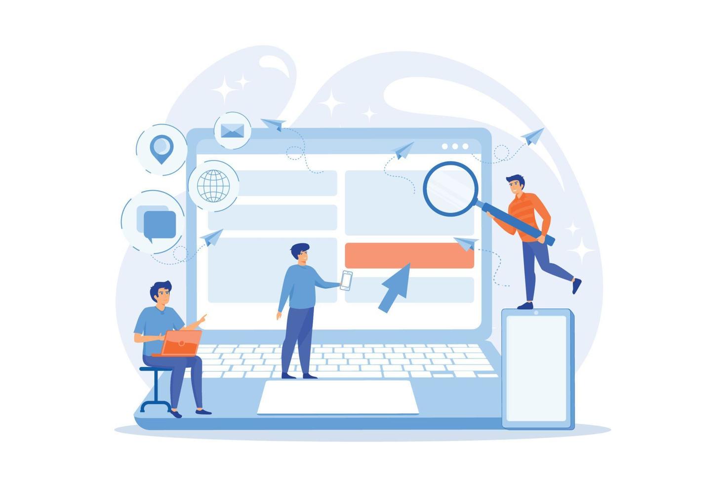 IT specialist identify user across mobile, laptop and tablet. Cross-device tracking and capability, cross-device using concept on white background. flat vector modern illustration