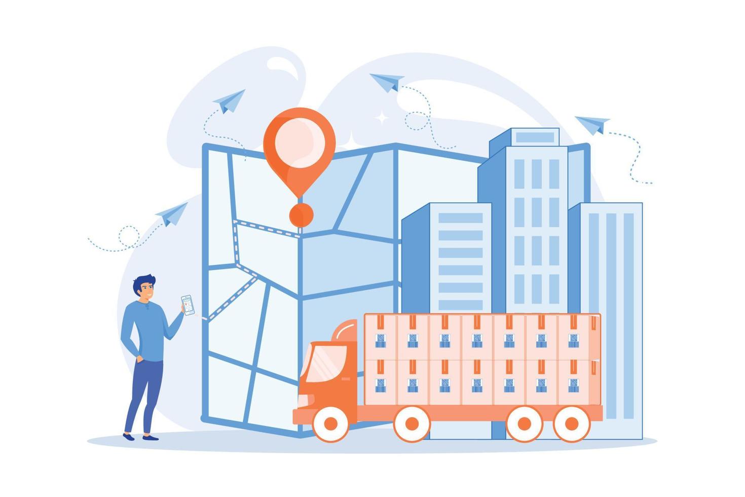 GPS tracker on postal agent truck. Watching delivery in real time. Post service tracking, parcel monitor, track and trace your shipment concept. flat vector modern illustration