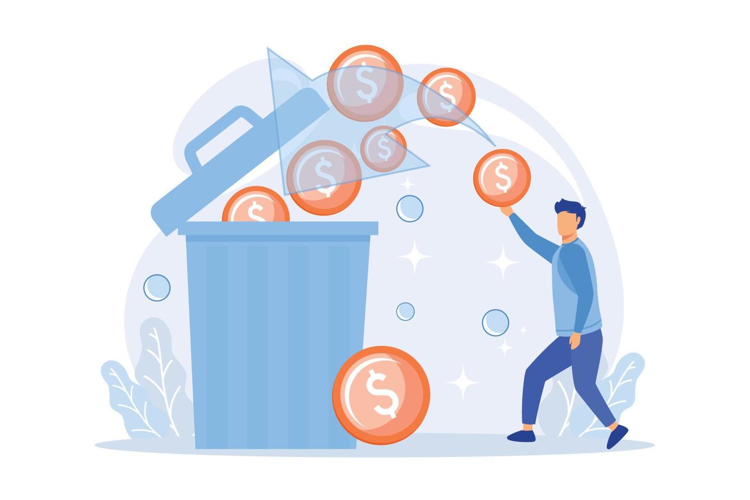 Man overspending, throwing coins in dustbin. Money waste, unprofitable investment, bad finances management. Financial bankruptcy, guy losing savings.  flat vector modern illustration